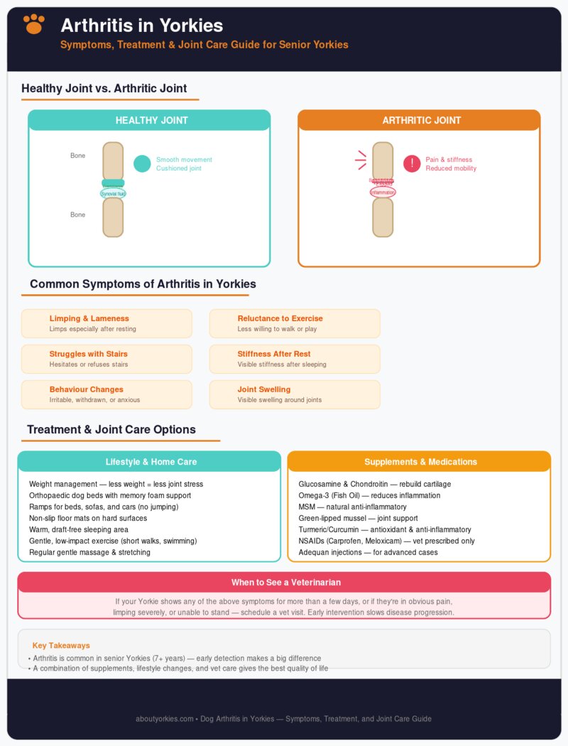 Dog arthritis diagram for Yorkies — healthy joint vs arthritic joint comparison showing cartilage erosion and inflammation, plus symptoms checklist and treatment options including supplements and lifestyle changes