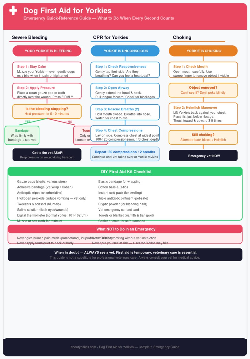 Dog first aid flowchart for Yorkies — emergency quick-reference guide covering severe bleeding treatment, CPR steps, choking Heimlich maneuver, and a complete DIY first aid kit checklist for Yorkshire Terrier owners