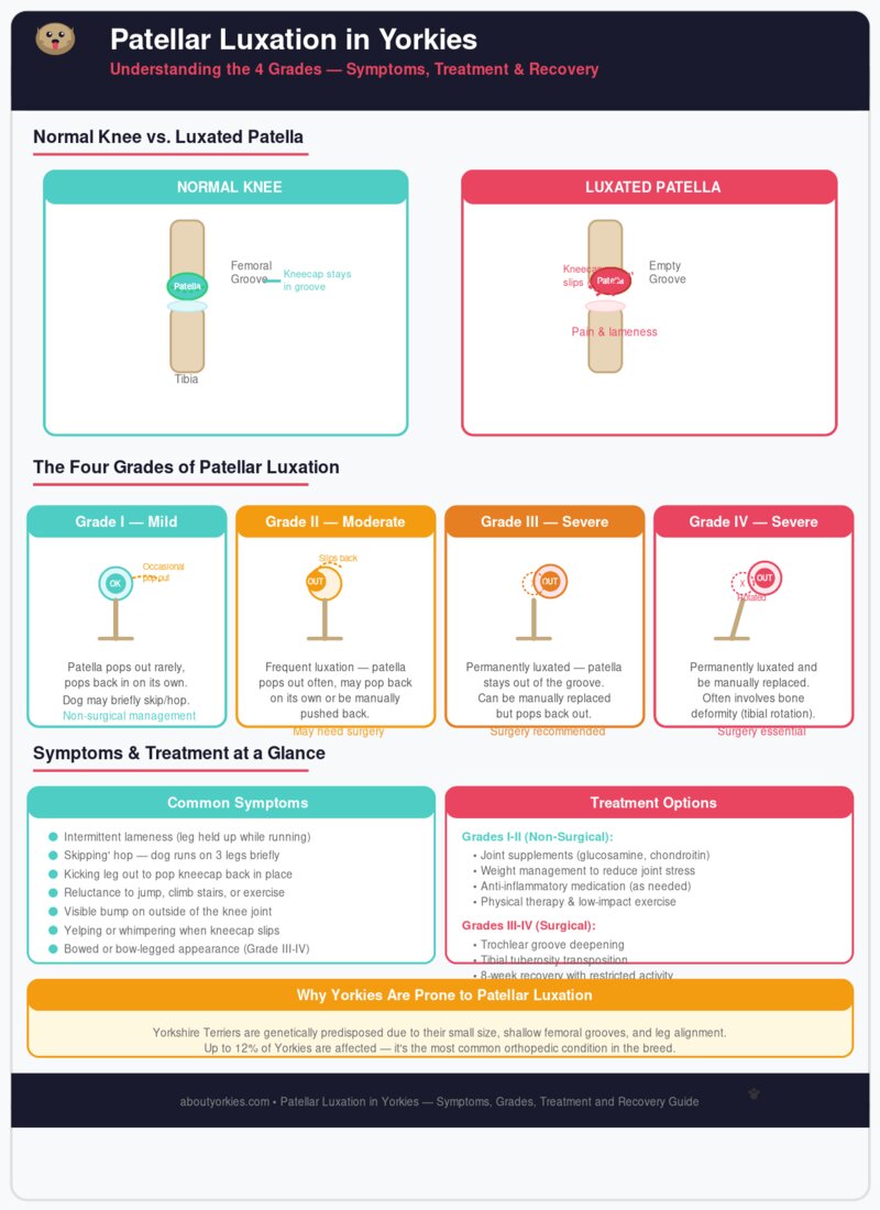 Patellar luxation diagram for Yorkies — normal knee vs luxated patella comparison with the four grades of severity from mild to severe, symptoms and treatment options