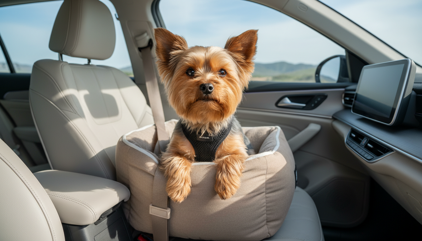 Yorkie safely seated in a dog car seat with harness, riding in a car