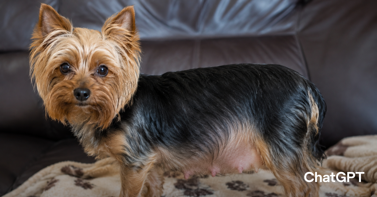 Pregnant Yorkshire Terrier resting on a cosy couch